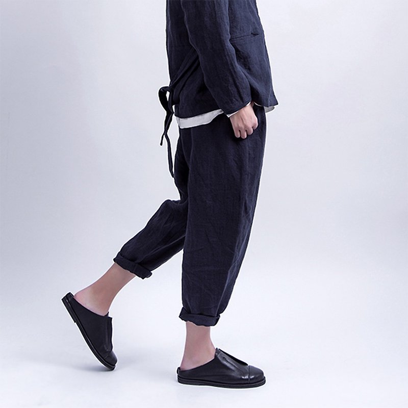 Pure blue linen sand wash pants - กางเกงขายาว - ผ้าฝ้าย/ผ้าลินิน 