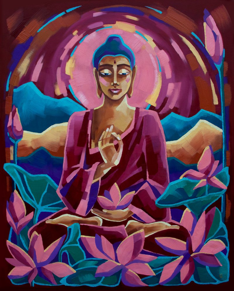 Buddha Painting Meditation Original Art Buddhist Artwork Yoga Wall Art - 海報/掛畫/掛布 - 其他材質 多色
