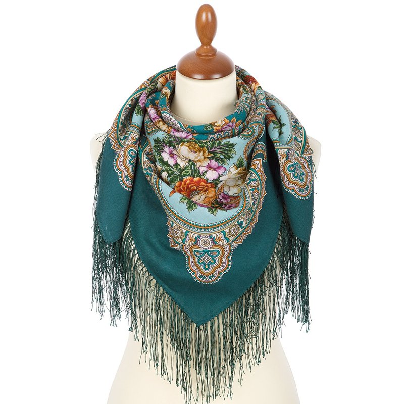 Authentic Pavlovo Posad Russian Shawl Scarf Soft 100% Wool 89x89 cm 1814-12 - 絲巾 - 羊毛 綠色