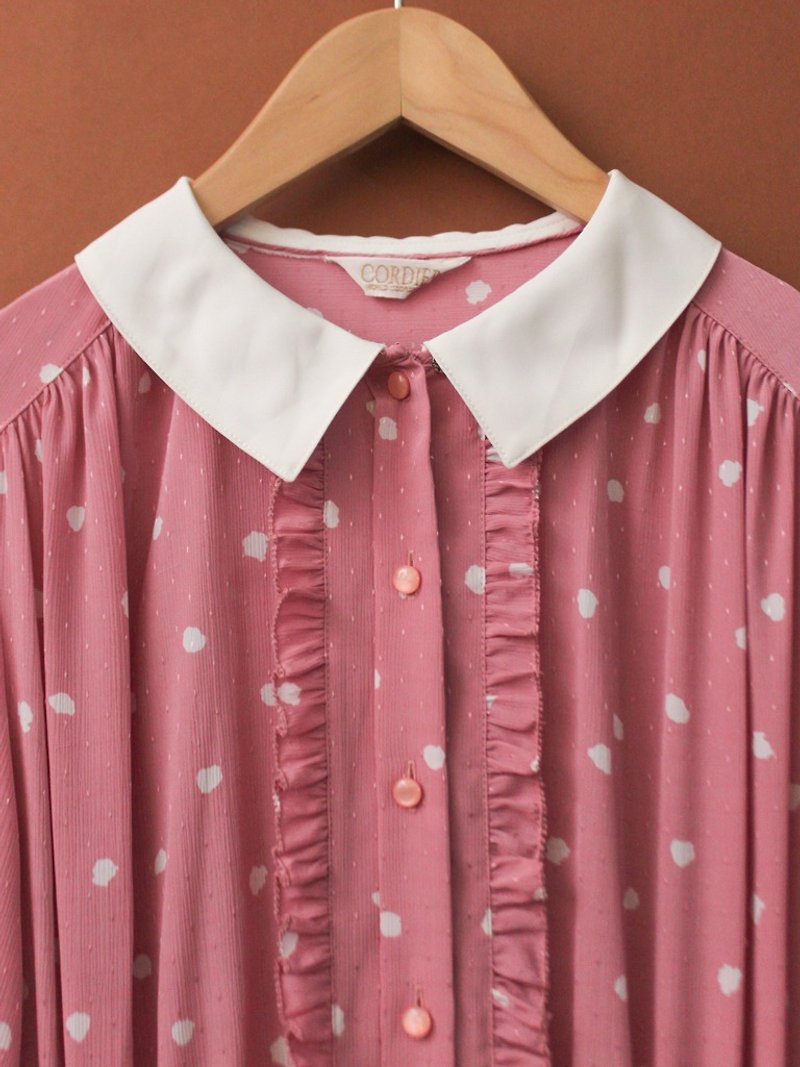 復古秋冬甜美可愛圓點點拼接領粉紅色寬鬆長袖古著洋裝 - 連身裙 - 聚酯纖維 粉紅色
