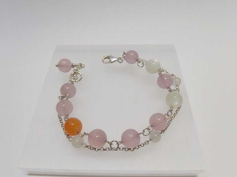 "Touching" - natural pink chalcedony chalcedony + orange + moonstone silver bracelets original design in Hong Kong - Bracelets - Gemstone Pink