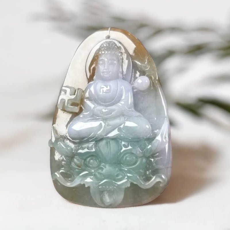 Ice three-color jade carved dragon Buddha | Natural Burmese jade jade A goods | Gifts - สร้อยคอ - หยก หลากหลายสี