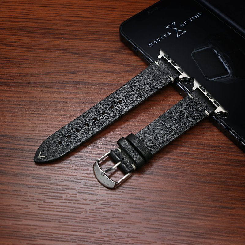 【APPLE WATCH compatible】Black vegan tanned leather strap - Watchbands - Genuine Leather Black