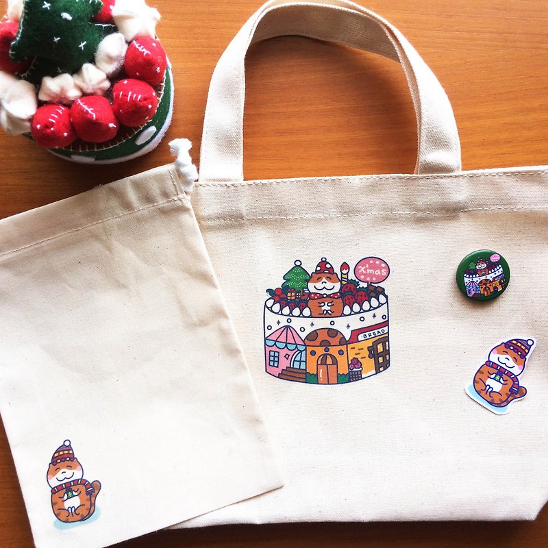 Christmas cake 喵喵 exchange gift canvas bag group hand-printed Canvas Bag Gift - กระเป๋าถือ - ผ้าฝ้าย/ผ้าลินิน 