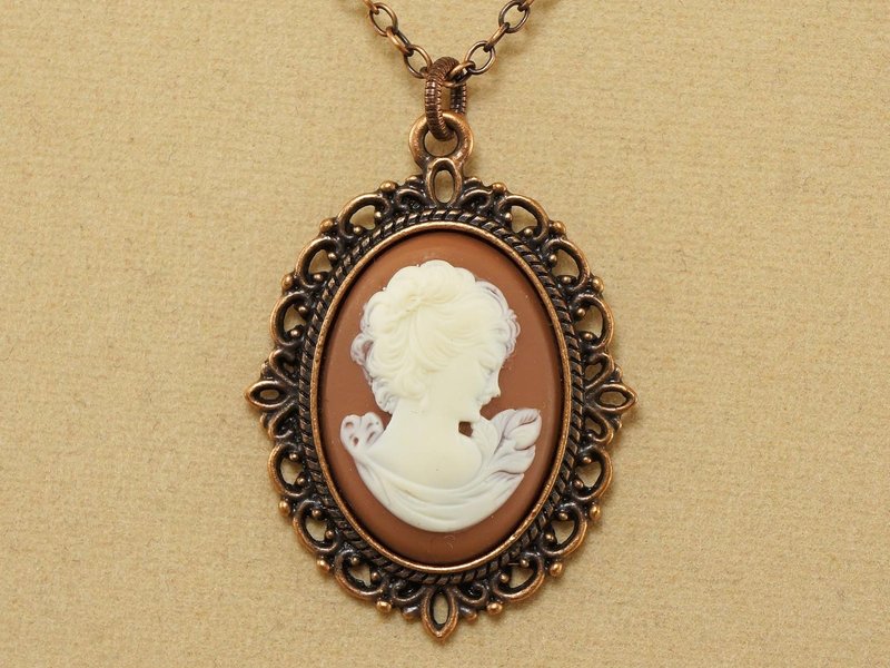 Brown Ivory Lady Cameo Victorian Girl Cameo Copper Pendant Necklace Jewelry Gift - 項鍊 - 其他材質 咖啡色
