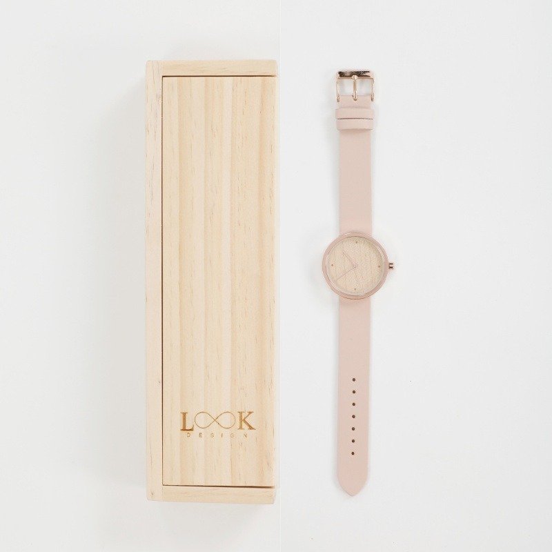 White Flat Wood & Baby Pink - 女錶 - 木頭 粉紅色