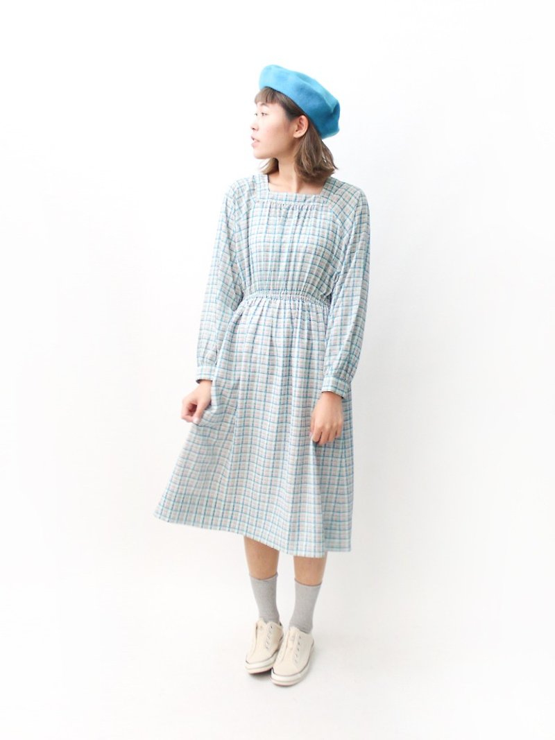 【RE0503D1099】日本製復古甜美可愛格子水藍色長袖薄春夏古著洋裝 - 洋裝/連身裙 - 聚酯纖維 藍色