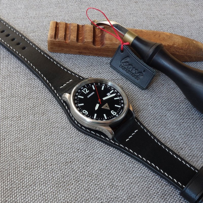 Bund Watch Strap, Black genuine leather, Cuff Band Strap, bund watchband - สายนาฬิกา - หนังแท้ สีดำ