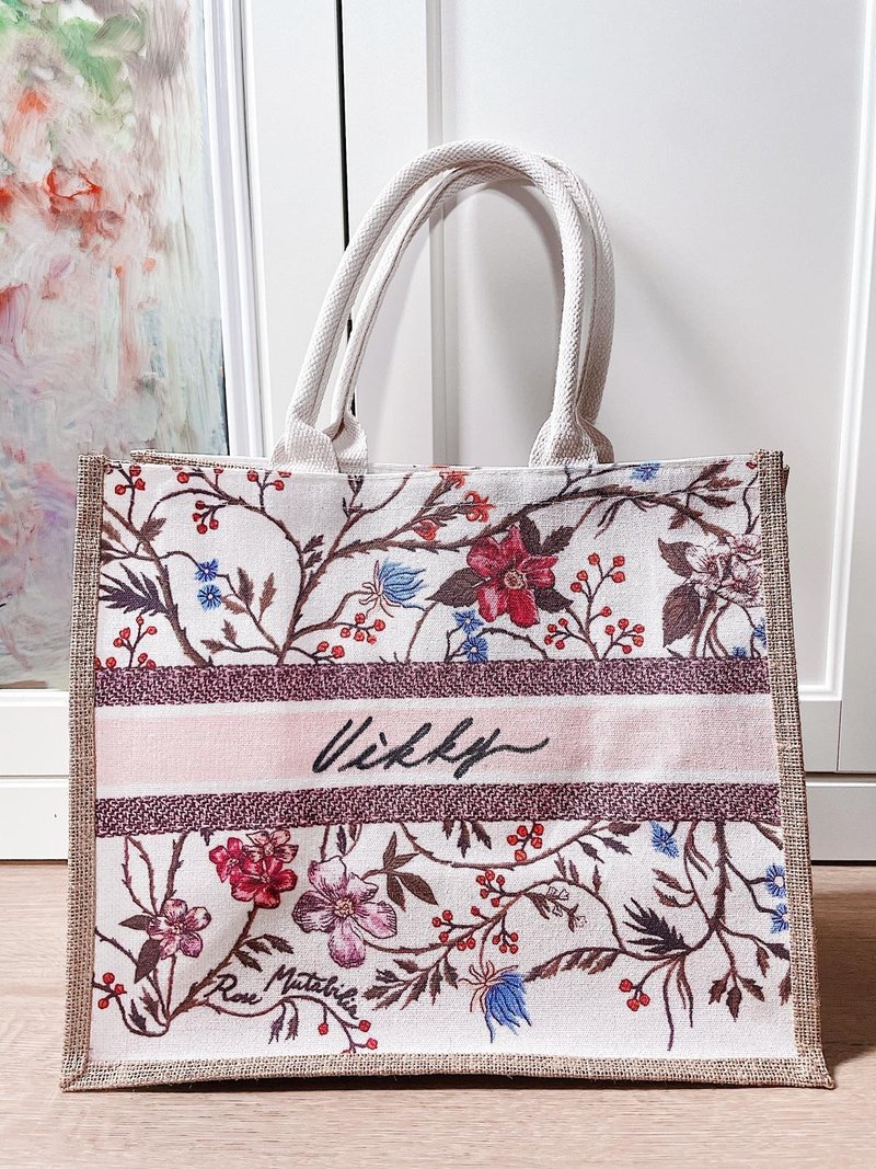 【客製化禮物】手繪 法式環保麻布購物袋 - 手提包/手提袋 - 棉．麻 粉紅色