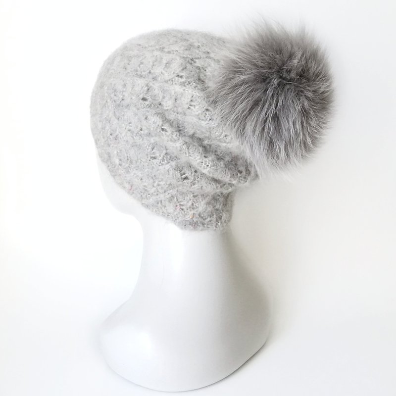 Knit Mohair Women's Hat in Light Grey with Pom Pom - Unique Winter Accessory. - หมวก - ขนแกะ สีเทา