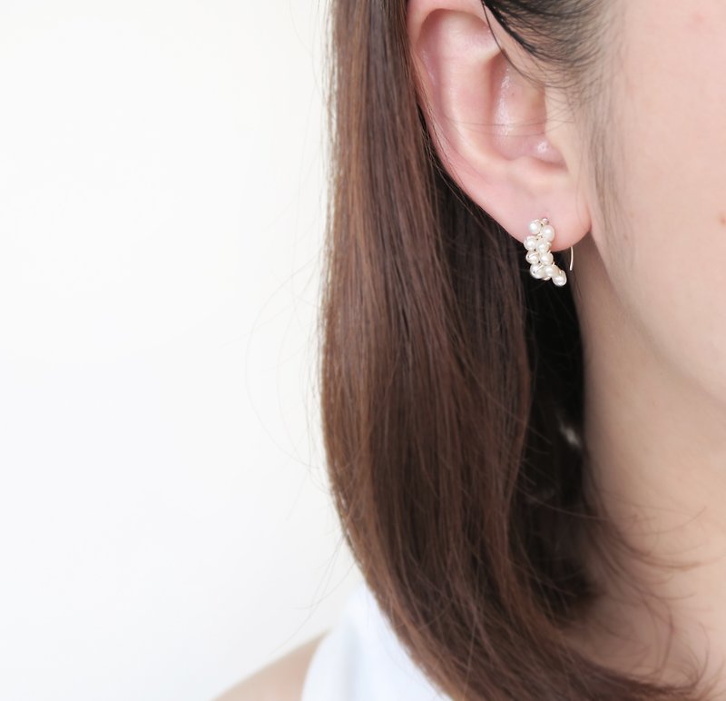 925純銀 珍珠C圈 耳針耳環 耳夾 一對 - 耳環/耳夾 - 純銀 白色