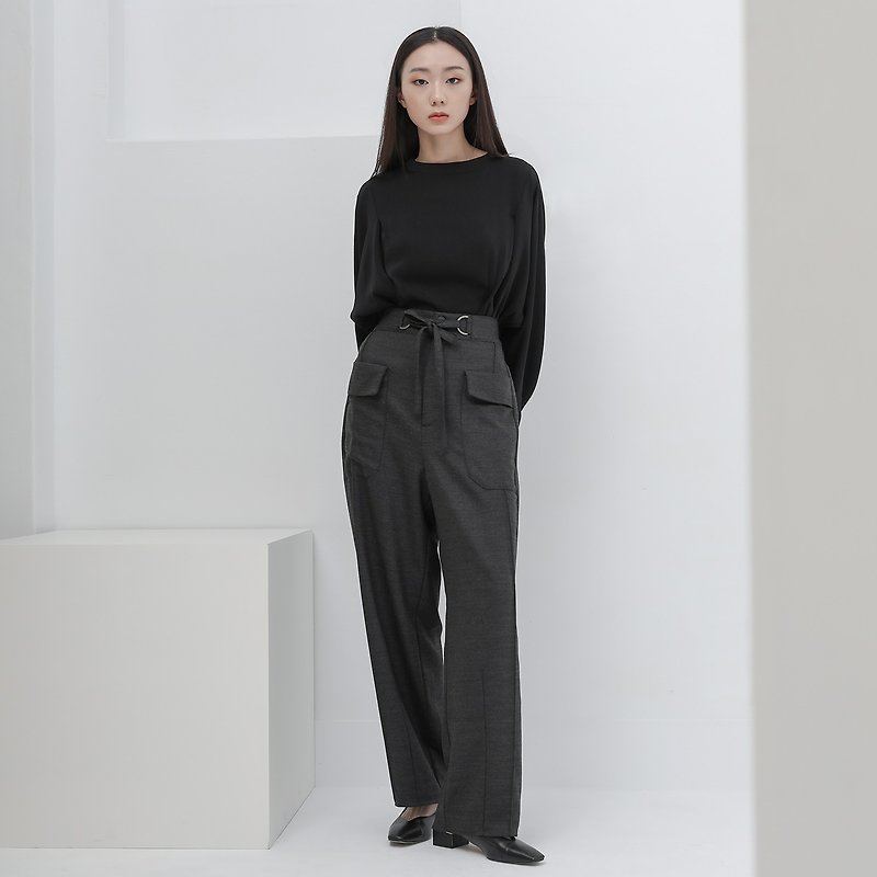 Polyester Women's Pants Gray - Hueigu_Review Pleated Wide Pants_22AF202_Dark Gray
