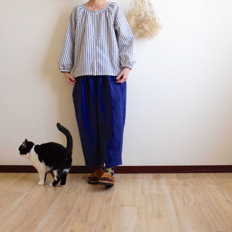 日常手作服 每日的服 紺藍色九分錐型褲 水洗亞麻 - 女長褲 - 棉．麻 藍色