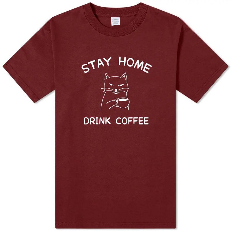 STAY HOME DRINK COFFEE 中性短袖T恤 酒紅色 待在家裡喝咖啡防疫 - 女 T 恤 - 棉．麻 紅色