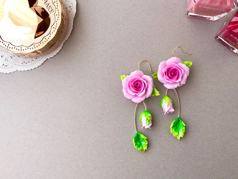 Roses wearing morning dew [Metallergic response] - Earrings & Clip-ons - Clay Pink