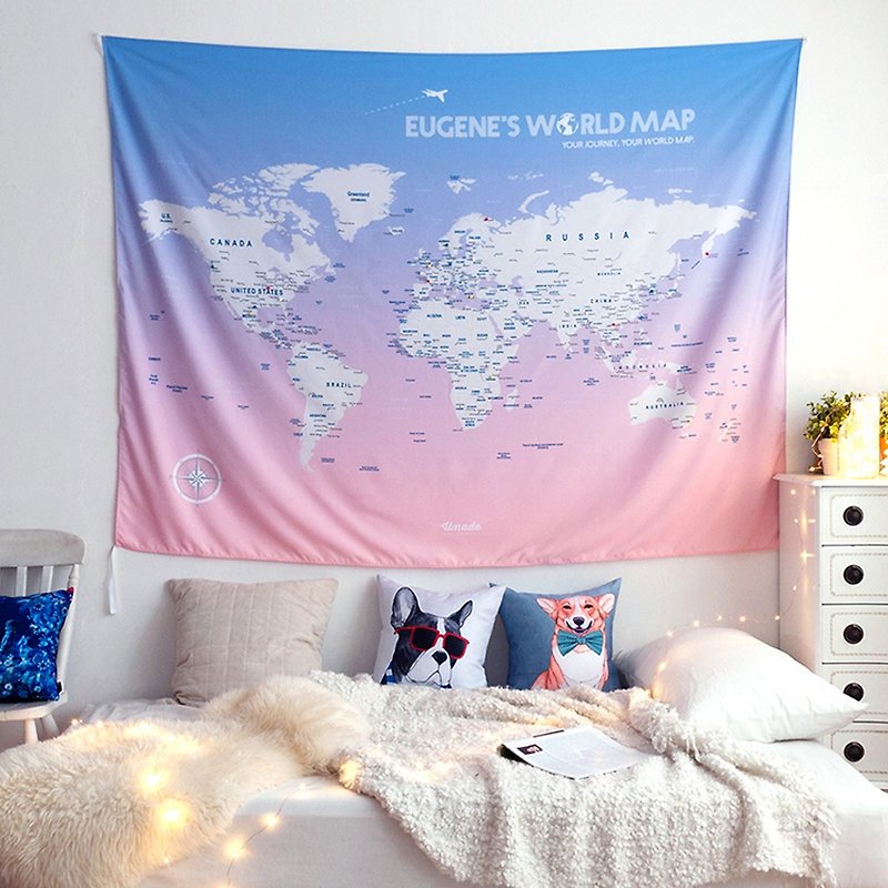 世界地圖佈置-訂製世界掛布。輕柔粉(客製化禮物) - 掛牆畫/海報 - 聚酯纖維 粉紅色