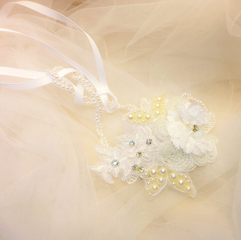 古典優雅水鑽蕾絲 珍珠髮帶頭環-C-0009-1 - 髮夾/髮飾 - 繡線 白色