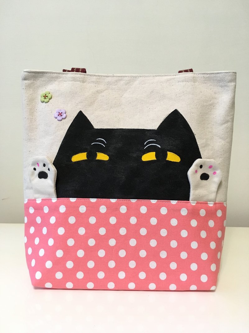 Good luck beckoning meow meow bag (pink・black pill) - กระเป๋าถือ - ผ้าฝ้าย/ผ้าลินิน 