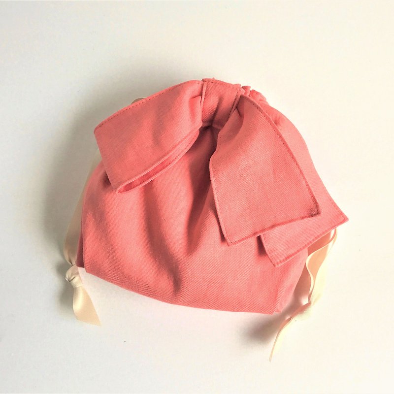 リネンツイル アシンメトリーリボン巾着ポーチ オレンジ - 化妝袋/收納袋 - 棉．麻 橘色