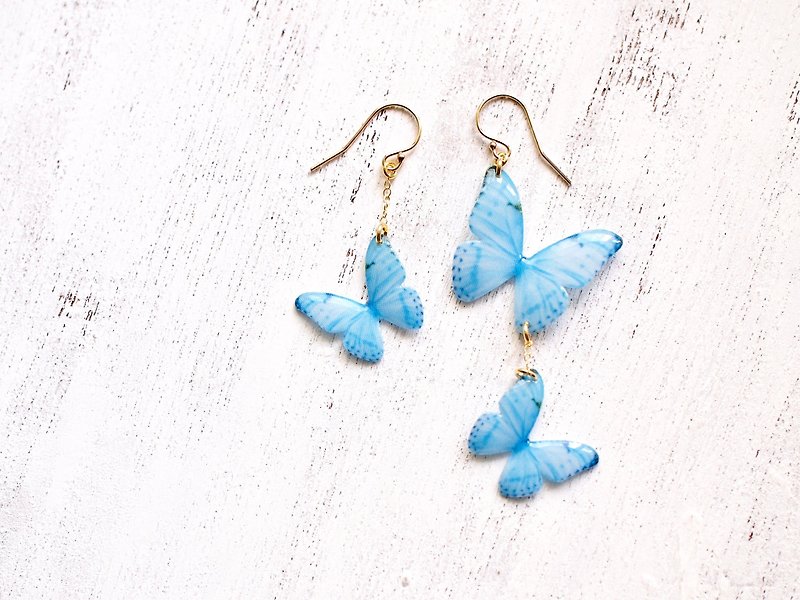 Sky Blue Butterfly Earrings, Dainty 14k Gold Fill, WB01 - ต่างหู - วัสดุอื่นๆ สีน้ำเงิน