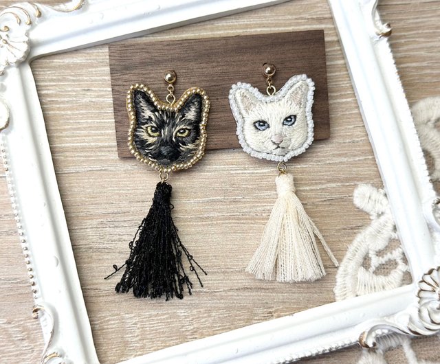 タッセル付き刺繍猫イヤリングをカスタマイズします。 - ショップ