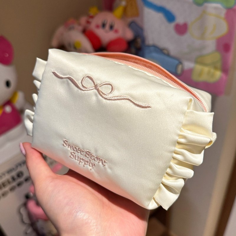 Sweetstore Supply Original Milk White Silk Bow Embroidered Makeup Bag Portable S - Toiletry Bags & Pouches - Cotton & Hemp White