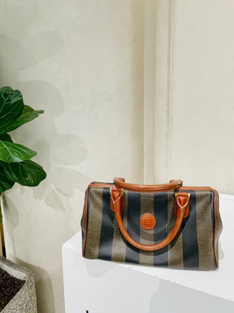 Fendi Fendi vintage striped Boston bag - กระเป๋าถือ - วัสดุกันนำ้ สีนำ้ตาล