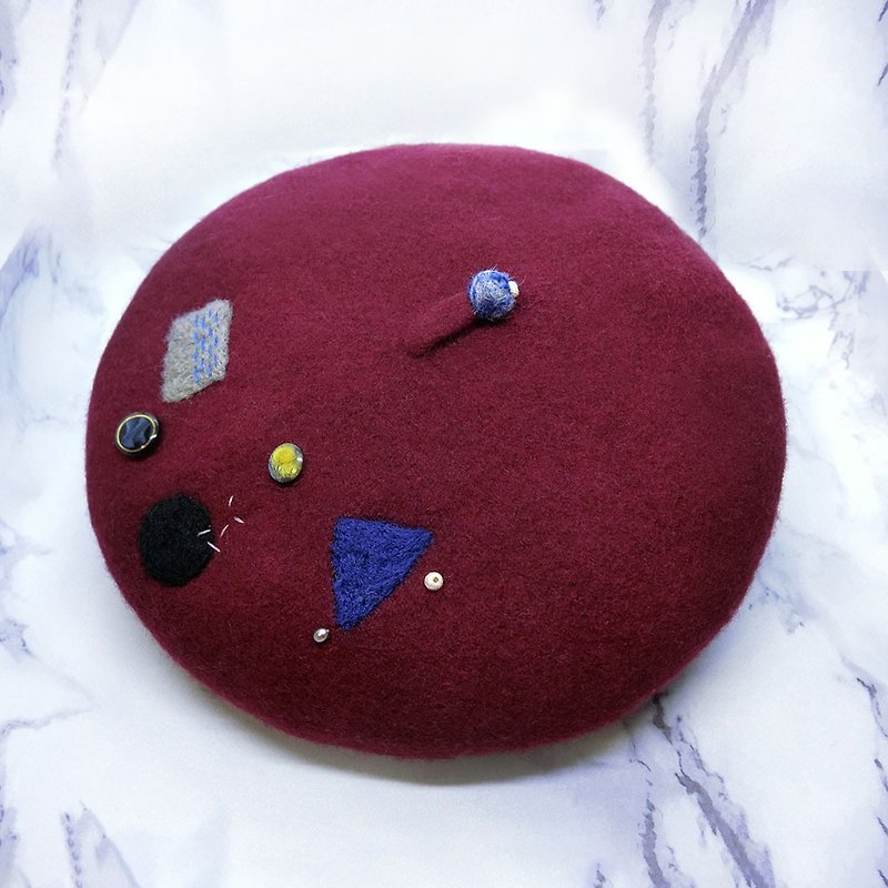 [Shell art] 100% pure wool felt beret (geometric burgundy) - Hats & Caps - Wool Red
