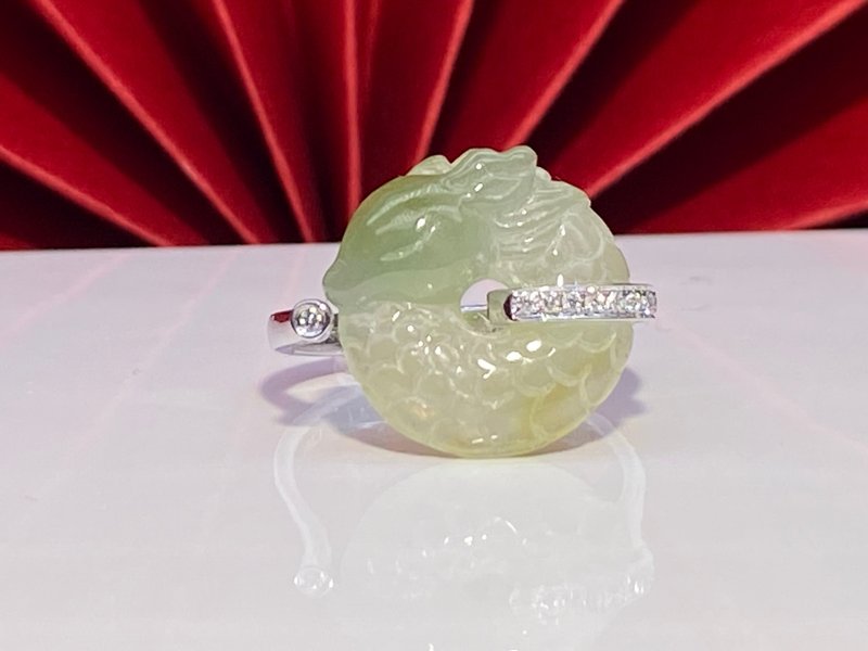 Icy green dragon ring jadeite in diamond and 18K white gold ring- est. 2.1g gold - General Rings - Gemstone 