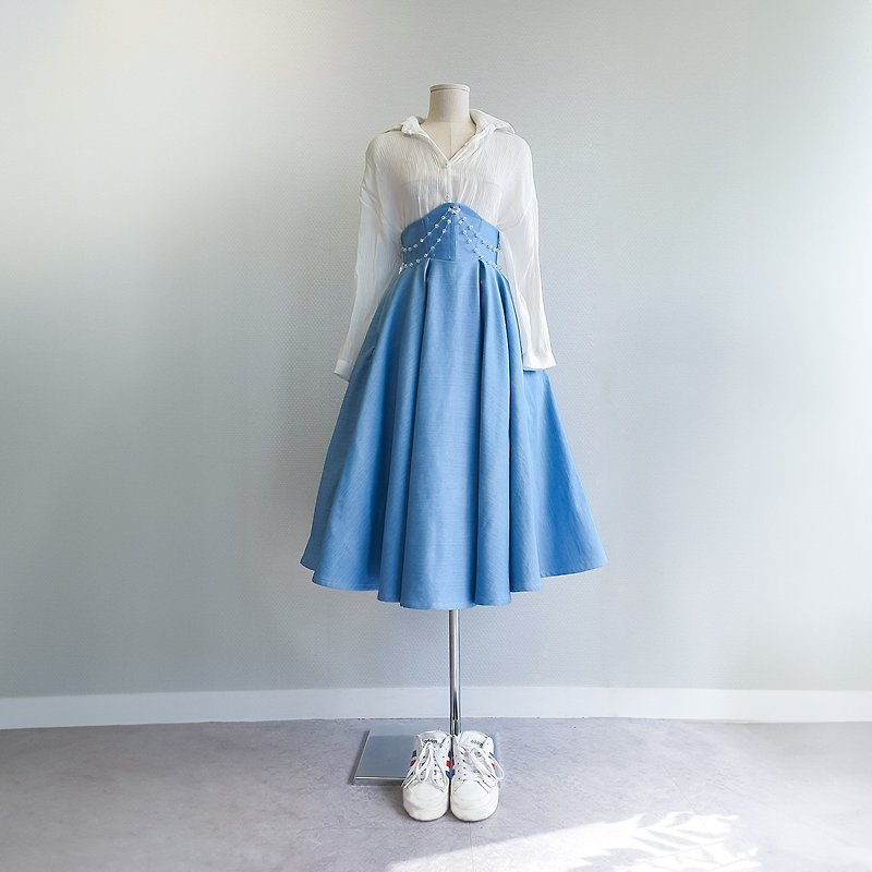 ロマンチックなハイウエストコルセットスタイルのデニムミディスカート - スカート - その他の素材 ブルー
