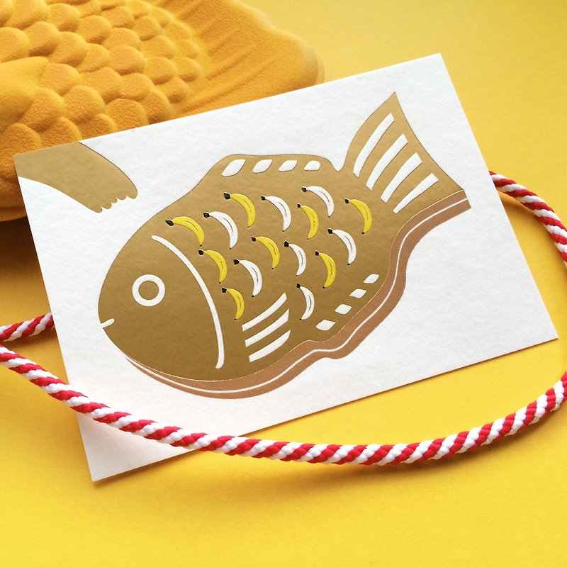 [手工凸版印刷] 猴王的香蕉鯛魚燒 明信片 - 心意卡/卡片 - 紙 金色