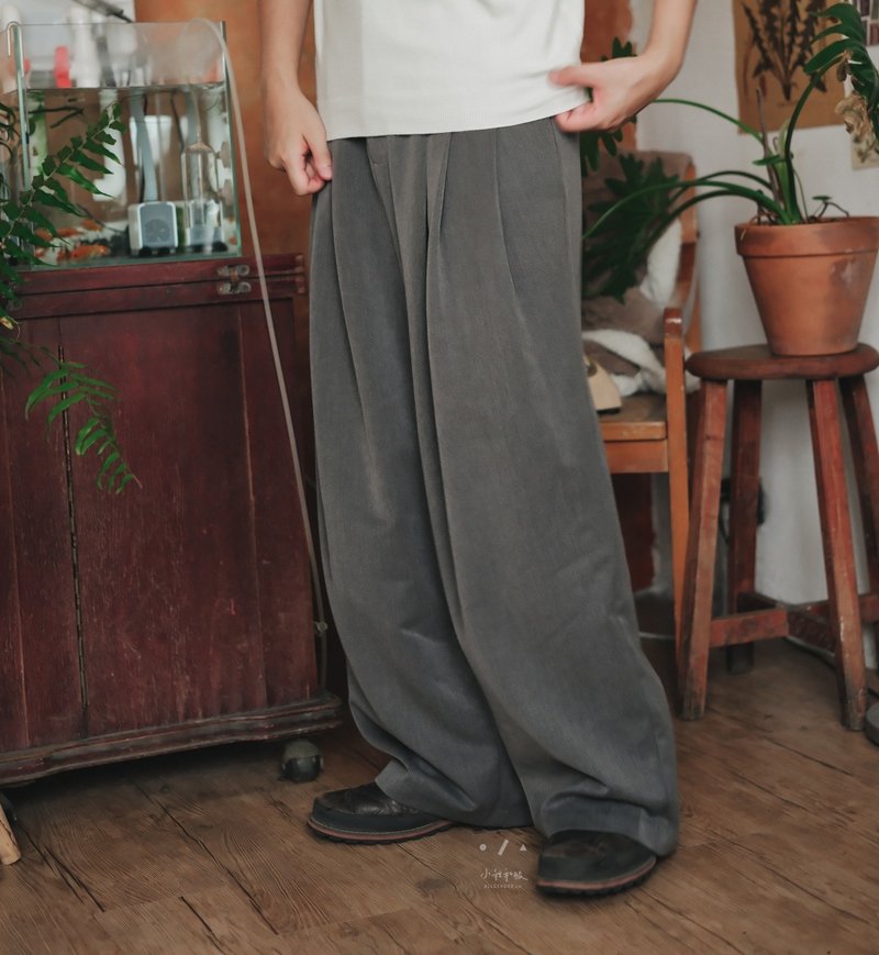 滑順濃郁奶油灰隱藏腰釦寬西裝褲 - 2色 - 男長褲/休閒褲 - 聚酯纖維 黑色