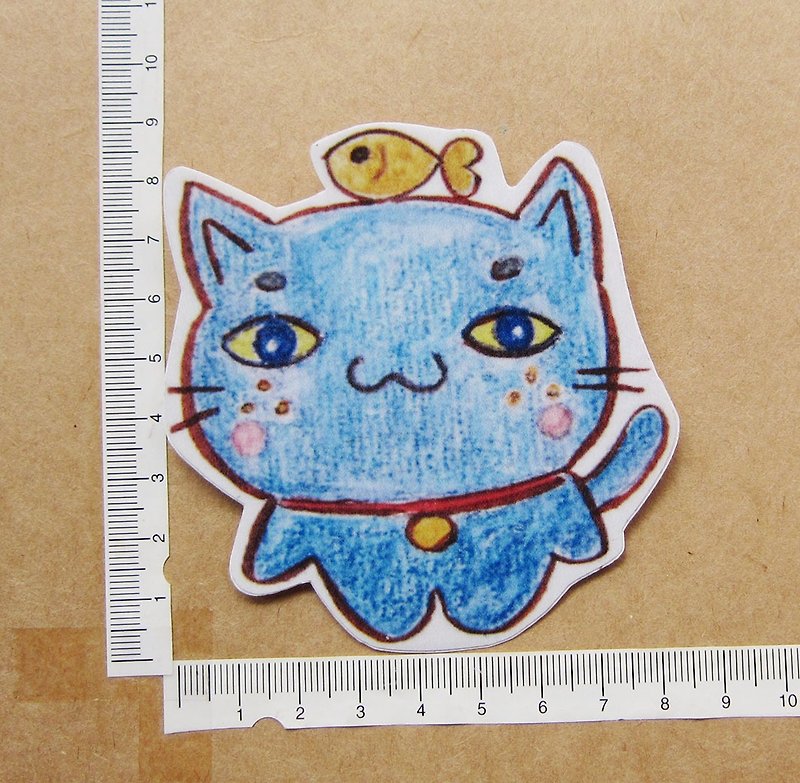 Hand-painted illustration style completely waterproof sticker freckled blue cat - สติกเกอร์ - วัสดุกันนำ้ สีน้ำเงิน