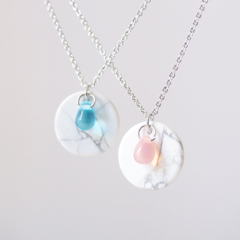 Goody Bag - Blessing Bag 2 Piece Set, White Turquoise Disc, Glass Drops, Rhodium Plated Copper Chain Necklace - 3 Colors Available - Chokers - Gemstone Blue