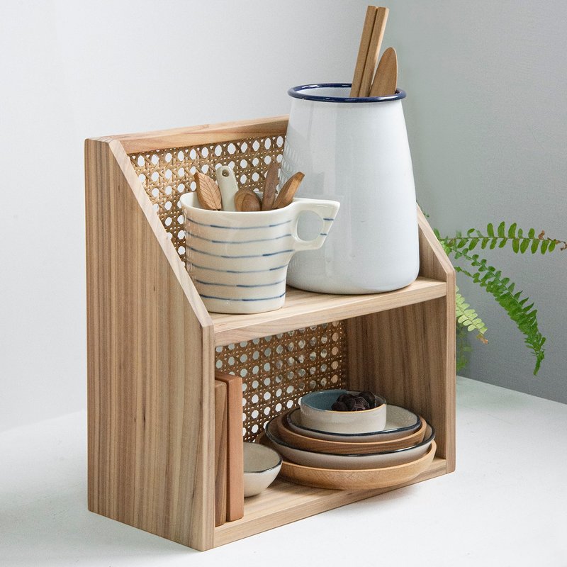 Tomood/ Double-layer solid wood rattan storage rack and storage rack between earth and wood_Taiwan fir - Shelves & Baskets - Wood Khaki