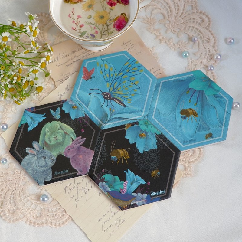 【客製化禮物】手繪風森林萌兔 吸水杯墊 I - 杯墊 - 陶 