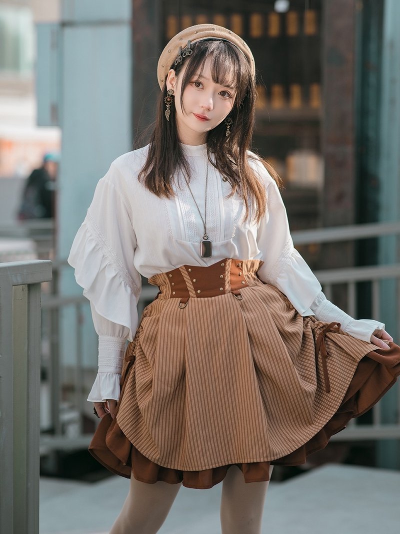 蒸汽朋克 橘棕條紋 荷葉邊 高腰A字裙 雙層復古 可愛甜美 半身裙 - 裙子/長裙 - 聚酯纖維 咖啡色