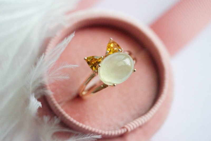 Natural Prehnite and Citrine cat design Ring,Silver 925 - 戒指 - 純銀 綠色