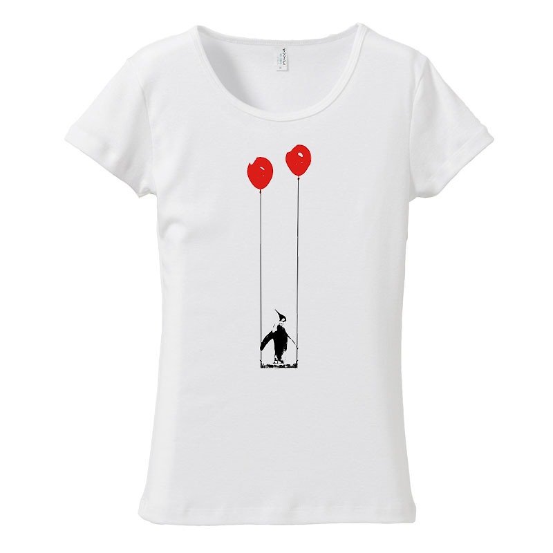 [レディースTシャツ] ペンギンと風船とブランコ - 女 T 恤 - 棉．麻 白色