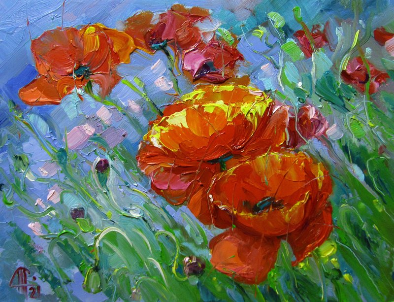 Poppies Original Art Red Poppies Oil Painting Flowers Wall Art  Flowers Artwork - 插畫/繪畫/寫字 - 其他材質 紅色