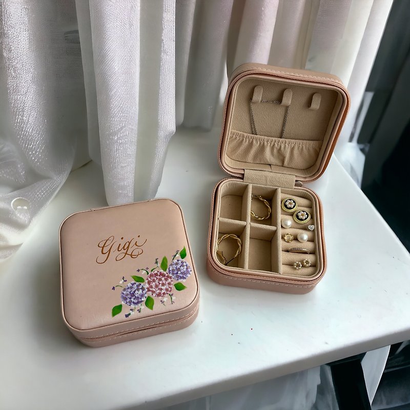 手繪繡球花 訂製首飾盒 旅行 隨身 迷你方型 小型單層飾品盒 - 耳環/耳夾 - 人造皮革 粉紅色