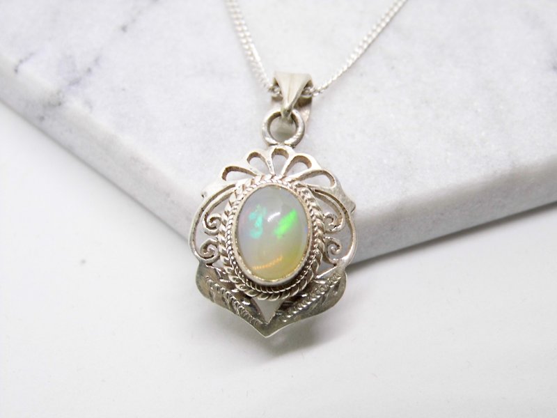 Opal Opal 925 sterling silver necklace ornate feather design inlaid Nepal handmade birthday gift Valentine's gift making - Necklaces - Gemstone Silver