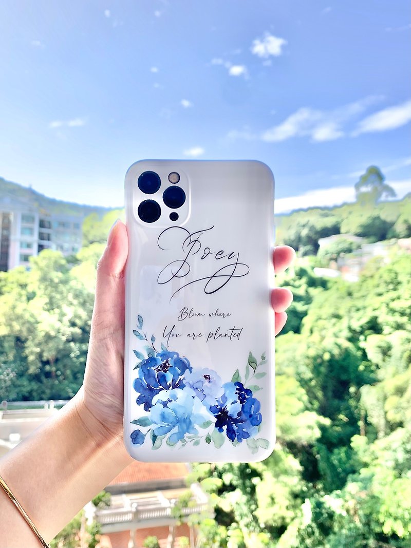 【Customized Gift】Phone Case iPhone 7~14 Pro Max Name Watercolor Bouquet - เคส/ซองมือถือ - พลาสติก สีน้ำเงิน