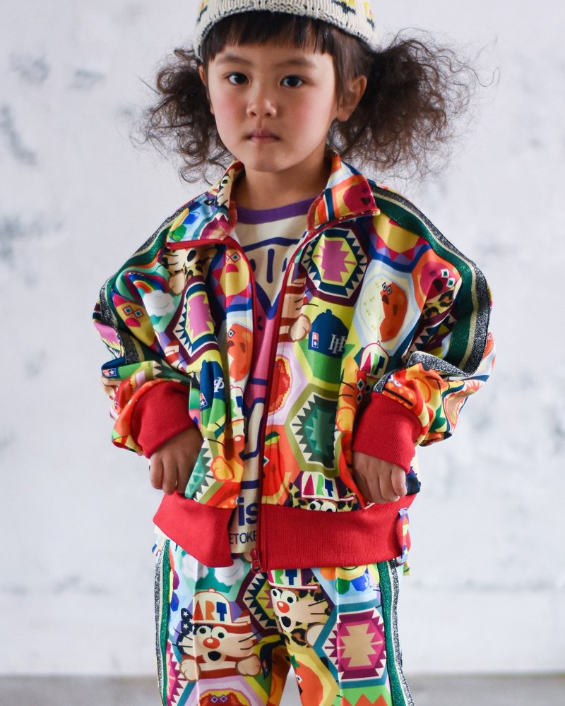 Jersey Jacket Harapeko Paint Blouson Track Jacket Zipper Print Allover Pattern Character Children's Clothing - เสื้อโค้ด - เส้นใยสังเคราะห์ สีแดง