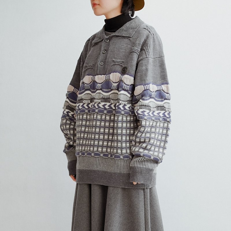 冰島風翻領幾何復古毛衣古著vintage - 女毛衣/針織衫 - 羊毛 灰色