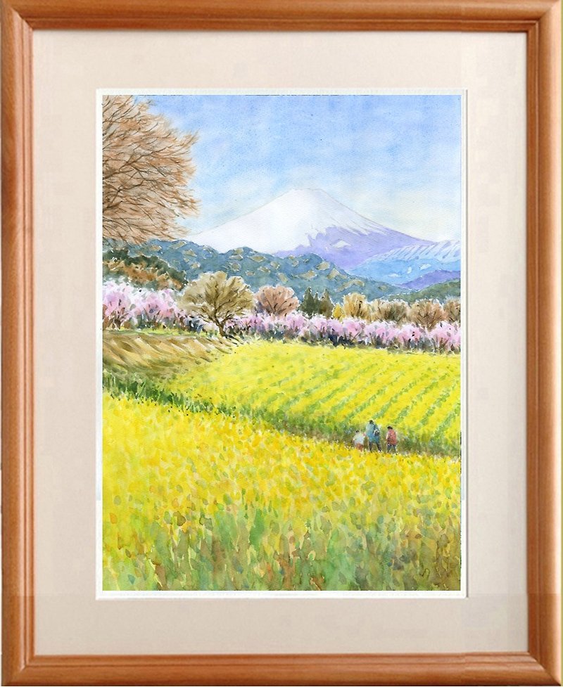 Watercolor picture Mt. Fuji and spring - โปสเตอร์ - กระดาษ สีเหลือง