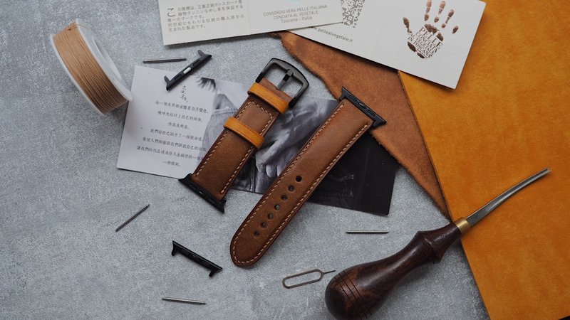 純手工牛皮起鼓撞色蘋果Applewatch錶帶 客製化刻字禮物 訂製顏色 - 錶帶 - 真皮 多色