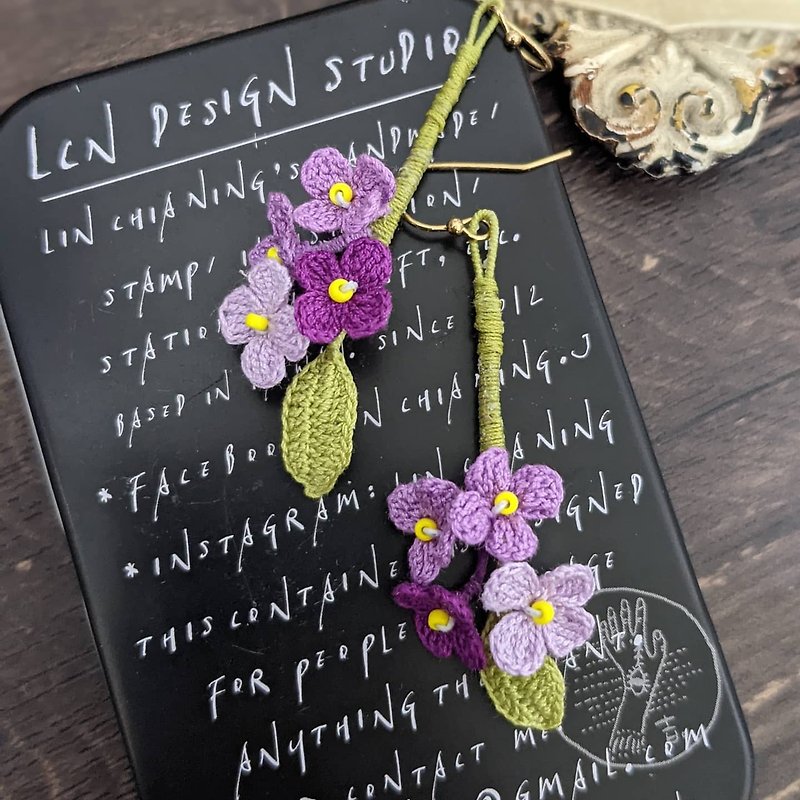 蕾絲 串珠 鉤針 編織 刺繡 耳環 花束 可改夾式 - 耳環/耳夾 - 其他材質 紫色