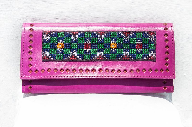 レザーロングクリップロングウォレット財布織財布 - 砂漠の花の手刺繍レザーピーチ財布 - 財布 - 革 ピンク