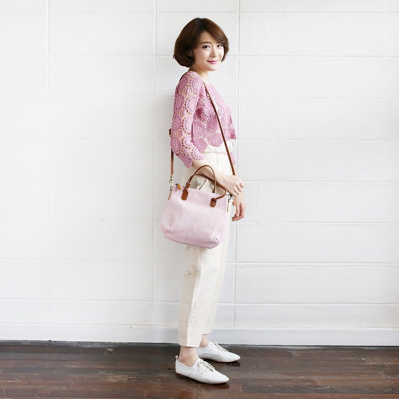 Valentine's Day / Pink Lace Tops Sunflower and Pink Cross-body Midi Curve Bags. - Women's Tops - Cotton & Hemp Pink